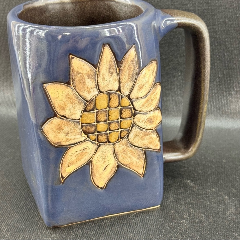 Mara Mexico Large Sunflower Coffee Mug Stoneware 12oz Navy Blue